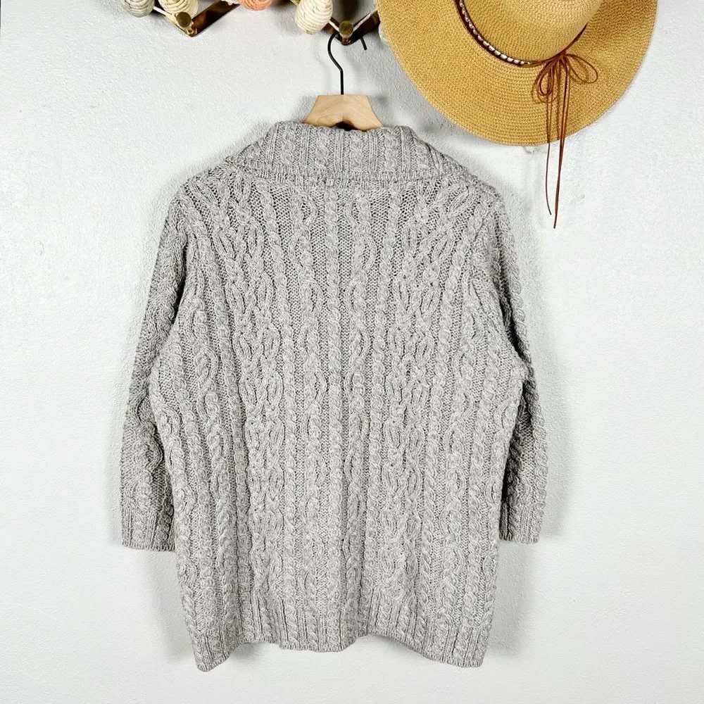Aran Craft Ireland Merino Wool Fisherman Cable Knit Cardigan Sweater Gray Large